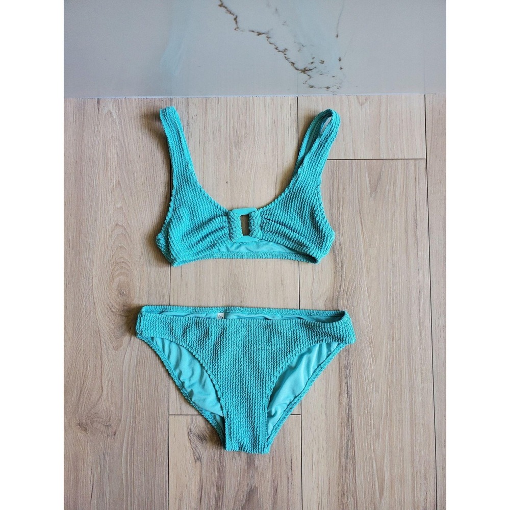 Aerie Bikini Swimsuit Womens XS Blue Textured Scoop‎ Neck Buckle 2Pc Set